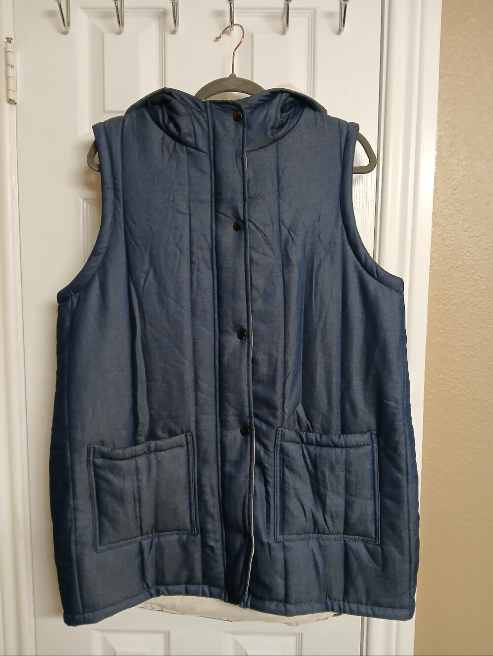 Quilted Hooded Denim-Blue Vest for Women - L
